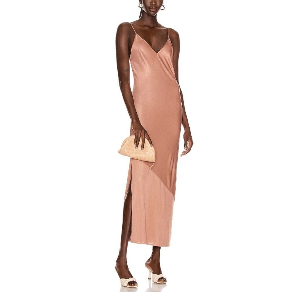 FLEUR DU MAL Slinky Bias Slip Gown Slit VNeck Cami Midi Dress Rose Tan Minimal 6